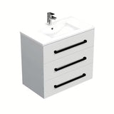 Wisząca szafka łazienkowa SAT Cube Way z umywalką ceramiczną w białym połysku i czarnymi uchwytami
