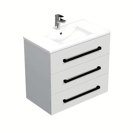 Wisząca szafka łazienkowa SAT Cube Way z umywalką ceramiczną w białym połysku i czarnymi uchwytami