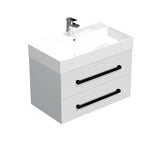 Wisząca szafka łazienkowa SAT Cube Way z umywalką ceramiczną w białym połysku i czarnymi uchwytami.