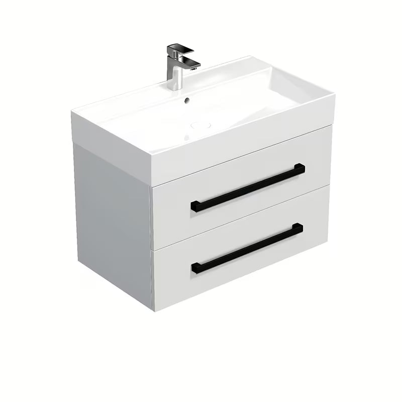 Wisząca szafka łazienkowa SAT Cube Way z umywalką ceramiczną w białym połysku i czarnymi uchwytami.