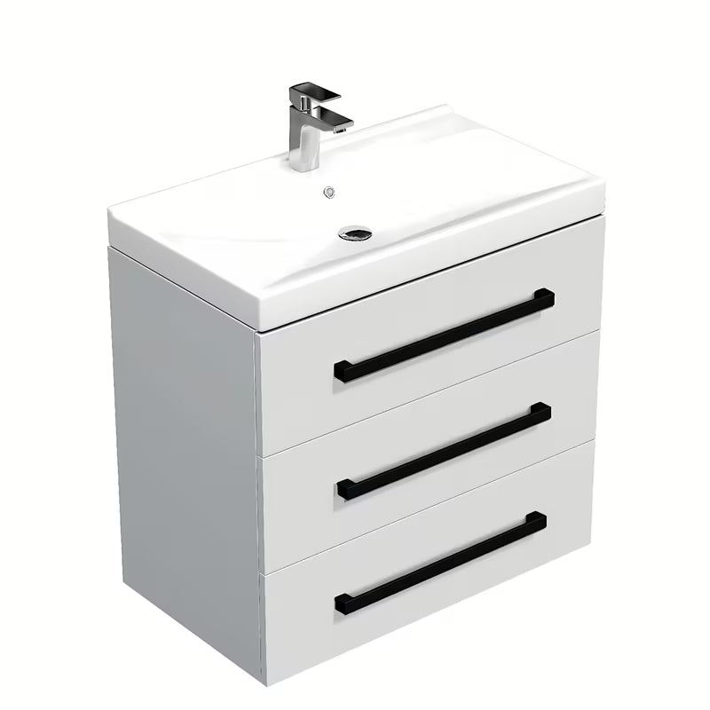 Wisząca szafka łazienkowa SAT Cube Way z umywalką ceramiczną w białym połysku i czarnymi uchwytami