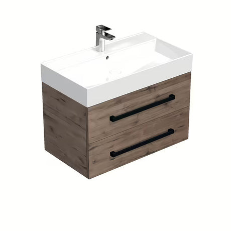 Wisząca szafka łazienkowa z umywalką ceramiczną SAT Cube Way w dekorze dąb wellington z czarnymi uchwytami.