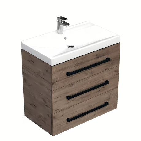 Wisząca szafka łazienkowa z ceramiczną umywalką SAT Cube Way w dekorze dąb Wellington z czarnymi uchwytami