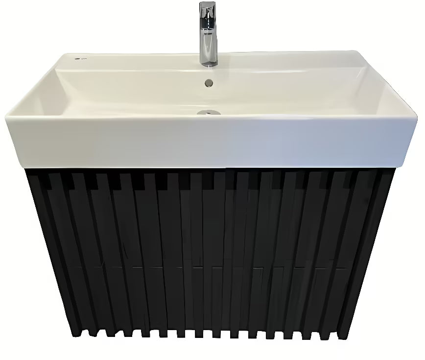 Wisząca szafka łazienkowa z umywalką ceramiczną SAT Delano w czarnym macie z lamelami.