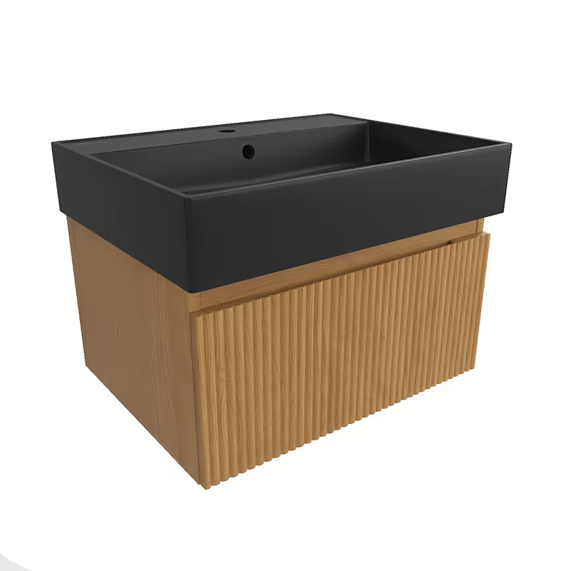 Wisząca szafka łazienkowa SAT Evolution s z umywalką ceramiczną w dekorze dąb miodowy i w czarnym macie