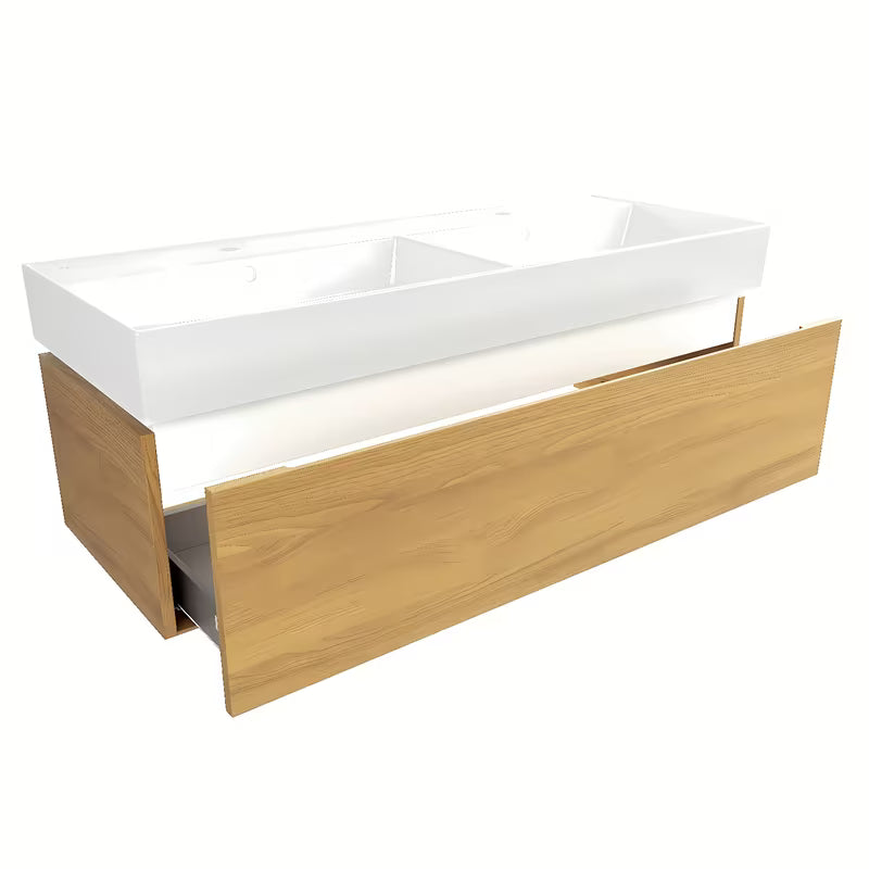 Wisząca szafka łazienkowa SAT Feel z ceramiczną umywalką podwójną w dekorze miodowego dębu