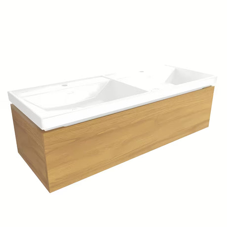 Wisząca szafka łazienkowa SAT Feel z ceramiczną umywalką w dekorze miodowego dębu o matowej powierzchni.