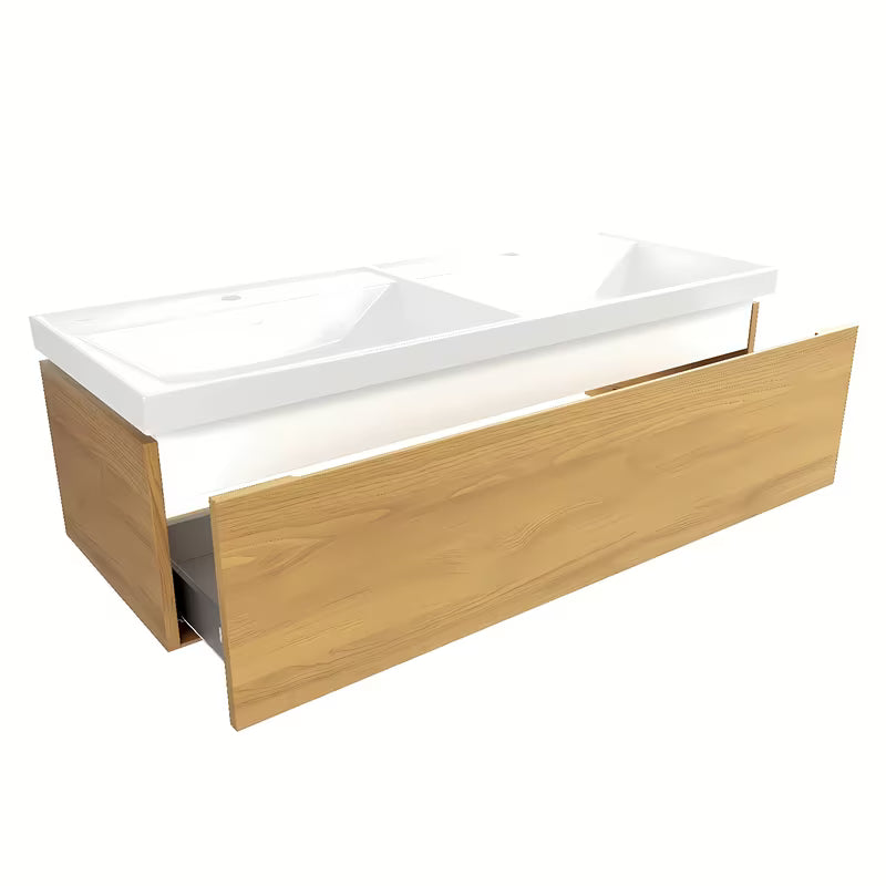 Wisząca szafka łazienkowa SAT Feel z ceramiczną umywalką w dekorze miodowego dębu o matowej powierzchni.