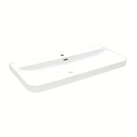 Biała błyszcząca ceramiczna umywalka meblowa SAT Fusion 100,6x46,3 cm z otworem pośrodku i przelewem.