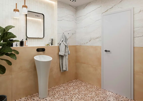 Wolnostojący  umywalka ceramiczna SAT Fusion w kolorze białym o średnicy 42,5 cm i wysokości 95 cm.