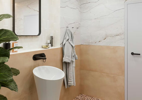 Wolnostojący  umywalka ceramiczna SAT Fusion w kolorze białym o średnicy 42,5 cm i wysokości 95 cm.