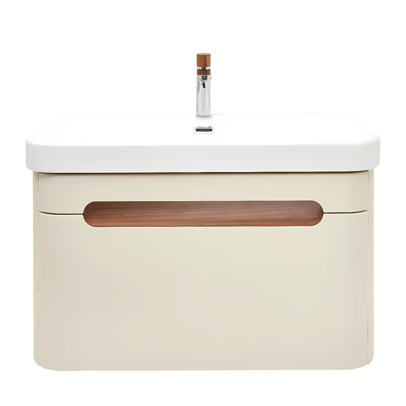 Wisząca szafka łazienkowa z umywalką ceramiczną SAT Fusion w matowym piaskowym beżu.