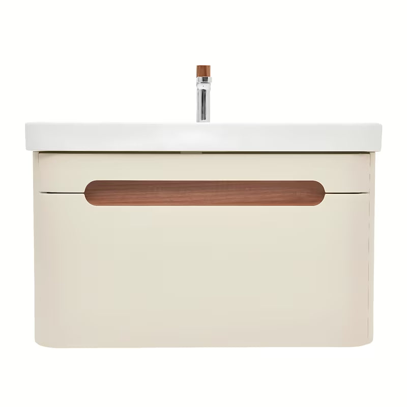 Wisząca szafka łazienkowa z umywalką ceramiczną SAT Fusion w matowym piaskowym beżu.