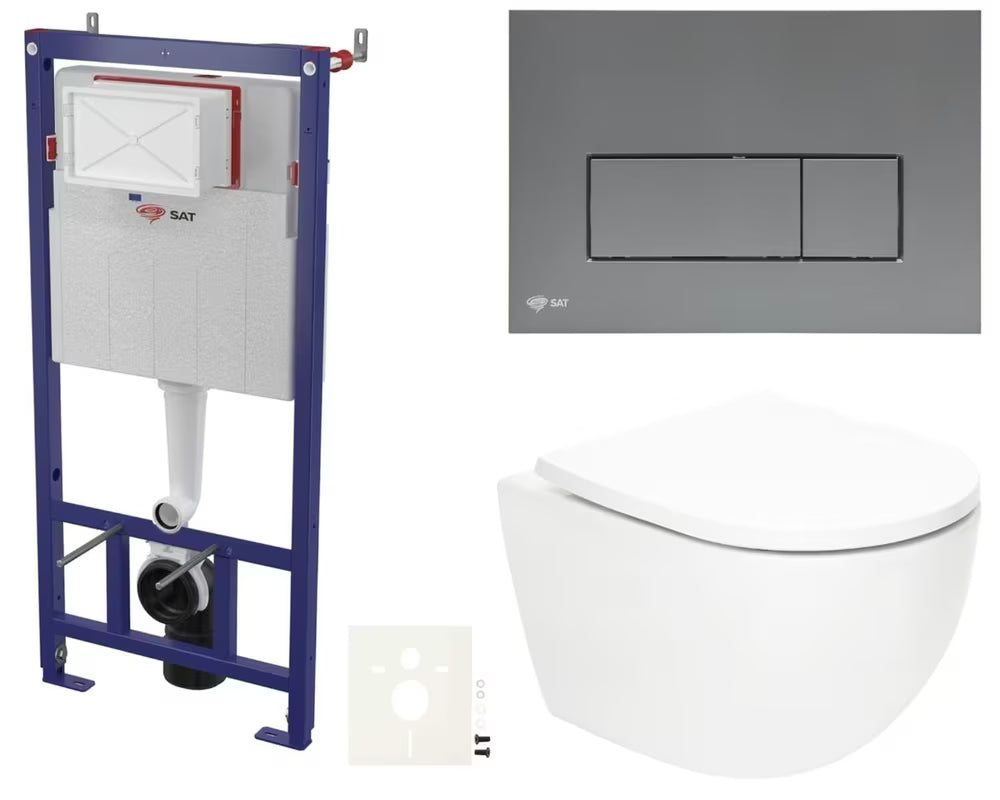 Zestaw WC podtynkowy SAT Fusion z technologią spłukiwania wirowego, ze spłuczką, przyciskiem uruchamiającym gun metal mat i deską sedesową