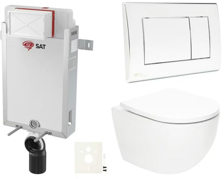 Zestaw WC podtynkowy SAT Fusion ze stelażem podtynkowym, MISKA wc zbiornikiem, przyciskiem spłukującym chrom połysk i deską duroplastową.