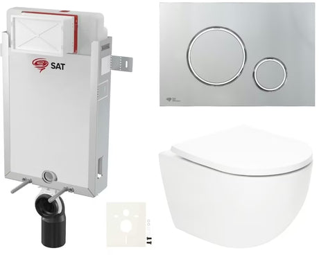 Zestaw WC podtynkowy SAT Fusion z systemem spłukiwania wirowego, stelażem podtynkowym, zbiornikiem i przyciskiem spłukującym chrom połysk