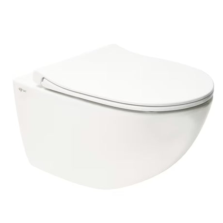 Białe miska WC wisząca SAT Infinitio z bezkołnierzowym spłukiwaniem Rim-Ex i deską ze soft Close.