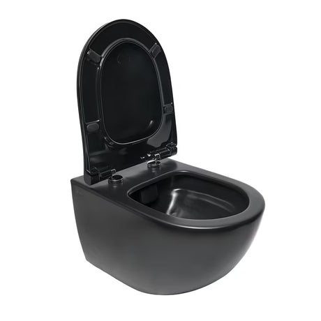 Miska WC Wisząca SAT Infinitio w matowej czerni, z bezkołnierzowym spłukiwaniem Rim-Ex i deską soft Close