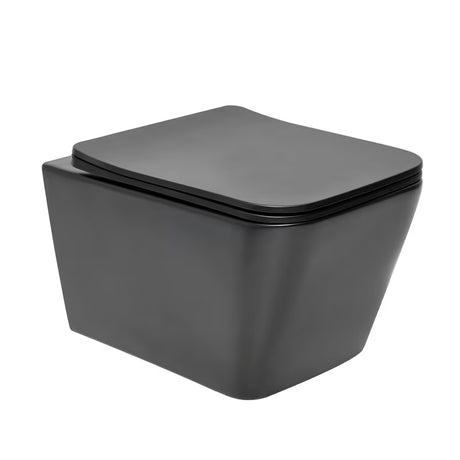 Czarno-matowe miska WC wisząca SAT Infinitio o kwadratowym designie z deską soft Close i z ukrytym mocowaniem.
