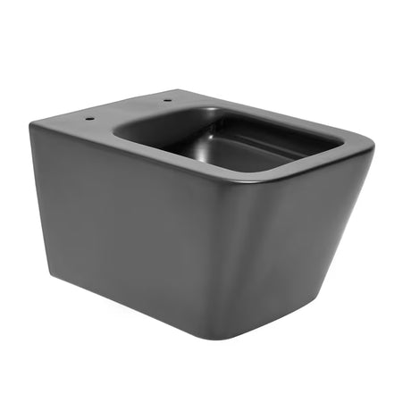 Czarno-matowe miska WC wisząca SAT Infinitio o kwadratowym designie z deską soft Close i z ukrytym mocowaniem.