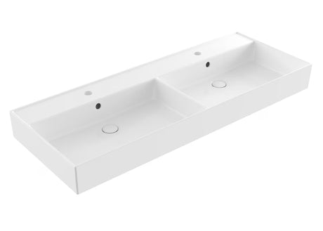 Biała ceramiczna umywalka podwójna SAT Infinitio 120,4x46,5 cm o prostokątnym kształcie