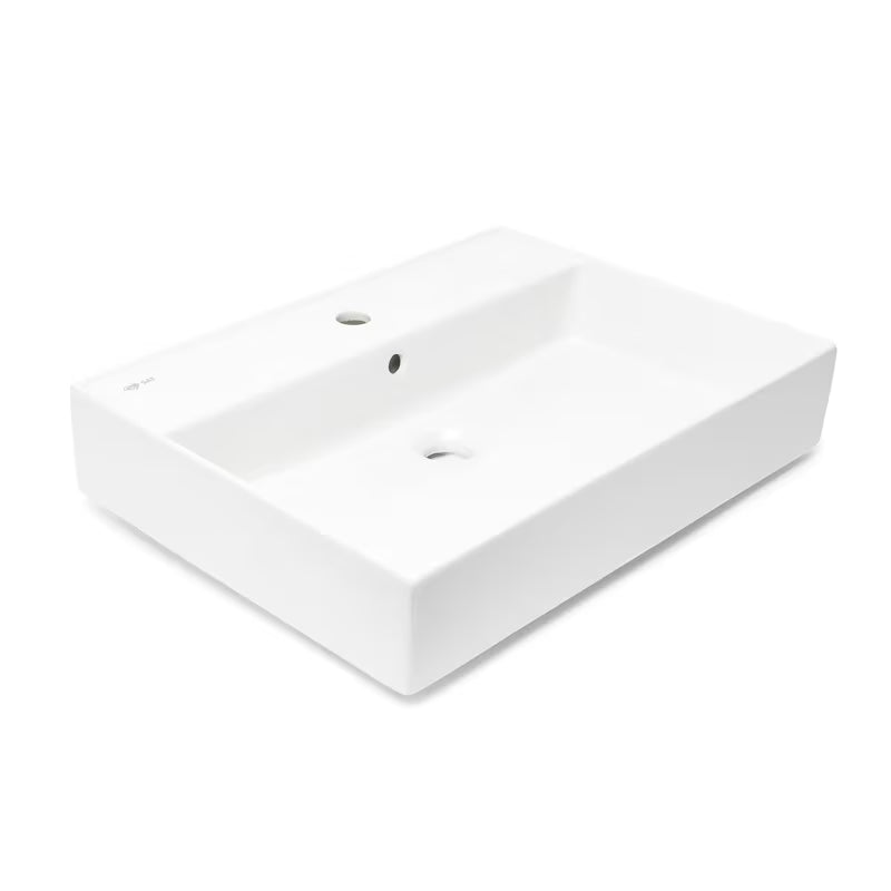 Biała ceramiczna umywalka wisząca SAT Infinitio 60,5x46,5 cm z przelewem i centralnym otworem pro na baterię.