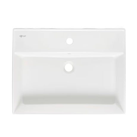 Biała ceramiczna umywalka wisząca SAT Infinitio 60,5x46,5 cm z przelewem i centralnym otworem pro na baterię.