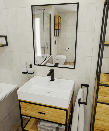Biała ceramiczna umywalka wisząca SAT Infinitio 60,5x46,5 cm z przelewem i centralnym otworem pro na baterię.