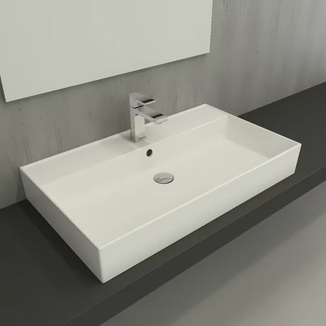 Biała ceramiczna umywalka SAT Infinitio 80,5x46,5 cm z przelewem i prostokątnym designem