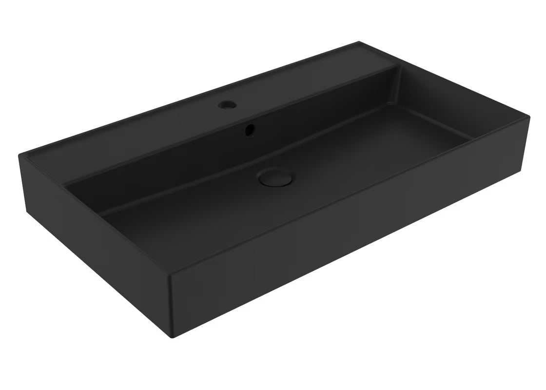 Ceramiczna umywalka SAT Infinitio 80,5x46,5 cm w kolorze czarny mat, z przelewem i prostokątnym kształtem.