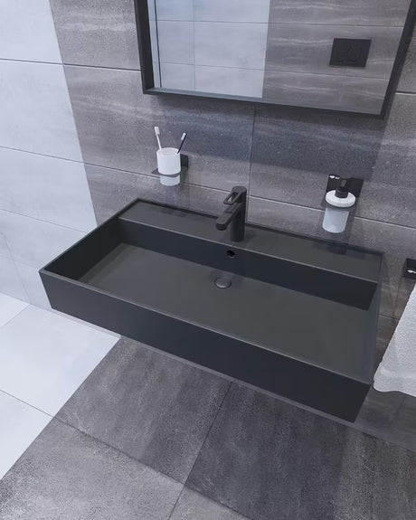 Ceramiczna umywalka SAT Infinitio 80,5x46,5 cm w kolorze czarny mat, z przelewem i prostokątnym kształtem.