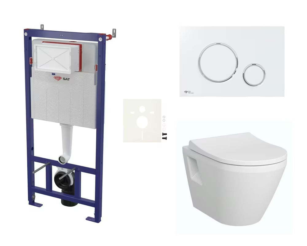 Zestaw WC podtynkowy Vitra Integra ze spłuczką SAT, deską duroplastową soft Close i białym błyszczącym przyciskiem.