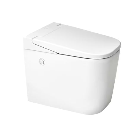 Miska WC Stojąca SAT optimflush w kolorze białym ze zintegrowanym zbiornikiem i bocznym pneumatycznym przyciskiem spłukującym.