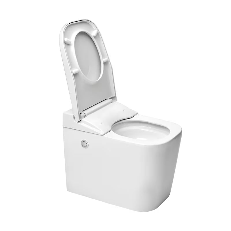 Miska WC Stojąca SAT optimflush w kolorze białym ze zintegrowanym zbiornikiem i bocznym pneumatycznym przyciskiem spłukującym.
