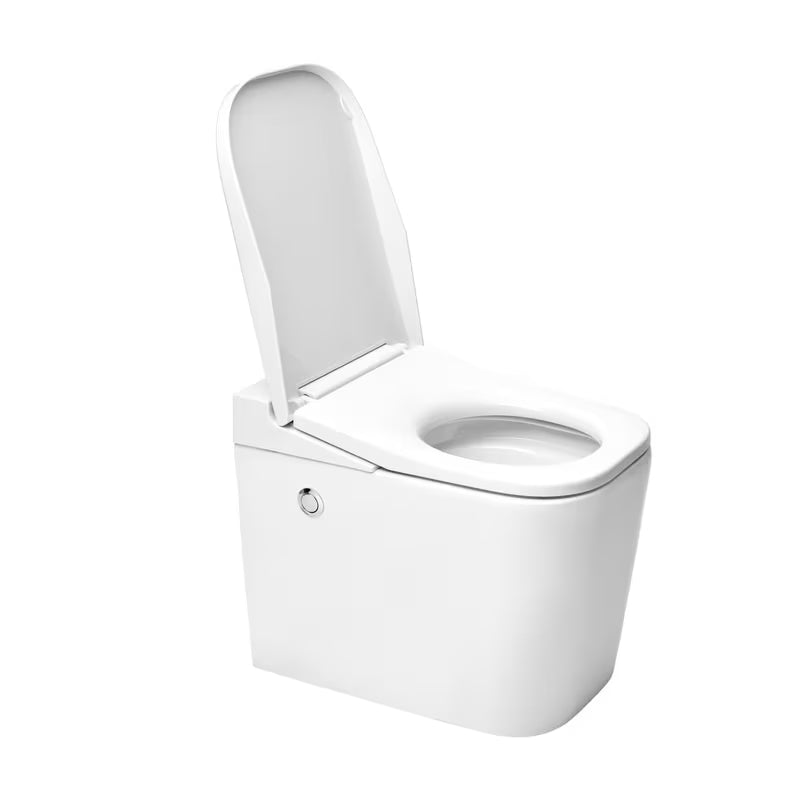 Miska WC Stojąca SAT optimflush w kolorze białym ze zintegrowanym zbiornikiem i bocznym pneumatycznym przyciskiem spłukującym.