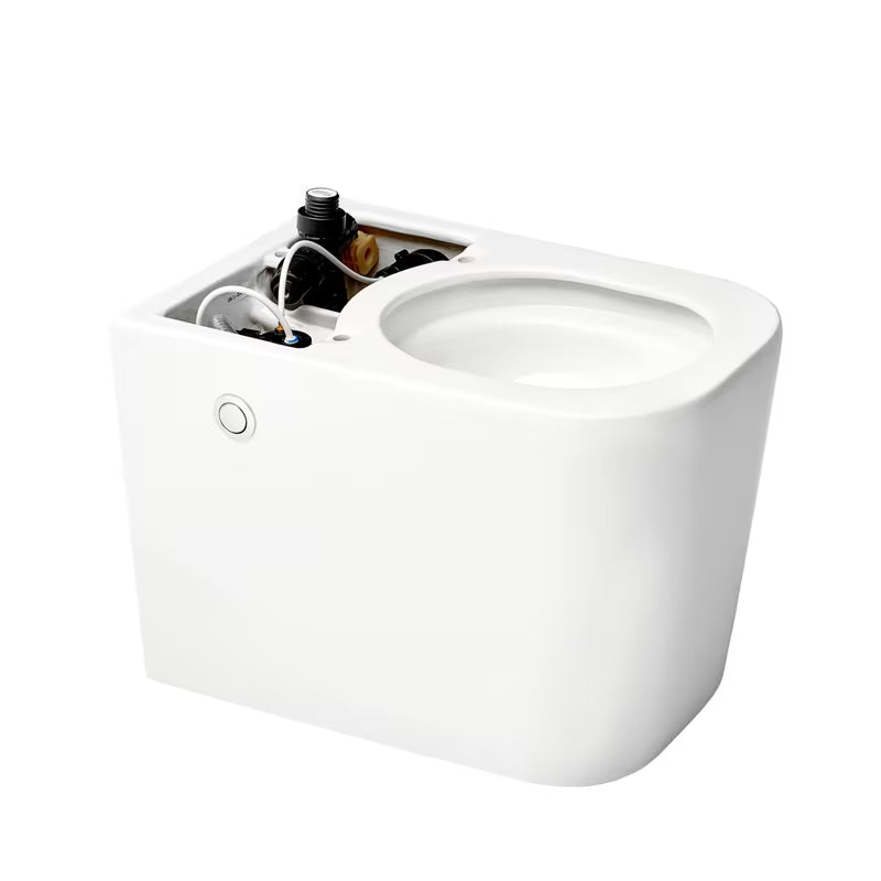 Miska WC Stojąca SAT optimflush w kolorze białym ze zintegrowanym zbiornikiem i bocznym pneumatycznym przyciskiem spłukującym.