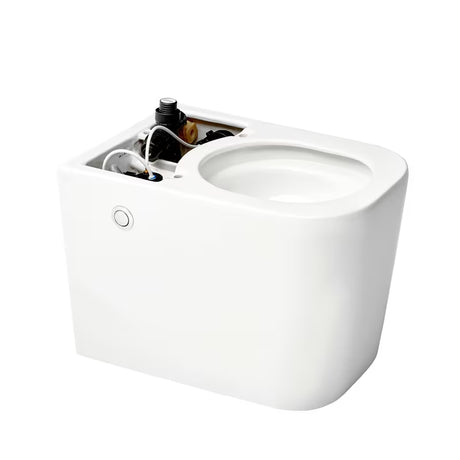 Miska WC Stojąca SAT optimflush w kolorze białym ze zintegrowanym zbiornikiem i bocznym pneumatycznym przyciskiem spłukującym.