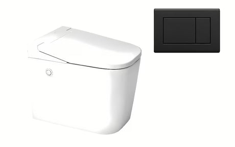 Miska WC Stojąca SAT optimflush w kolorze białym ze zbiornikiem i naściennym przyciskiem spłukującym.