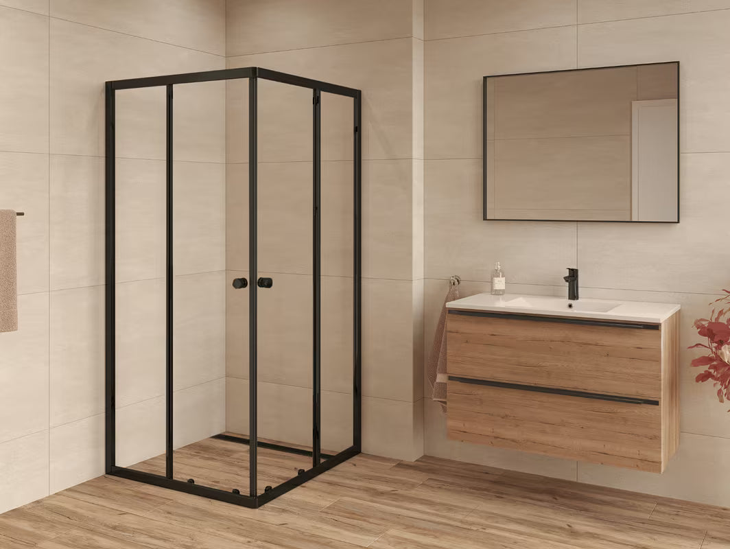 Kwadratowy przesuwny kabina prysznicowa SAT Project 90x90 cm z czarnymi profilami i przezroczystym szkłem