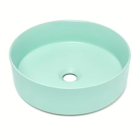 Okrągła ceramiczna umywalka nablatowa  SAT Mood w kolorze miętowy mat bez otworu na baterię i bez przelewu.