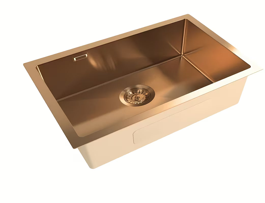 Zlewozmywak kuchenny zlewozmywak jednokomorowy SAT Aurum ze szczotkowanej stali nierdzewnej w kolorze rose gold pro montaż podblatowy .