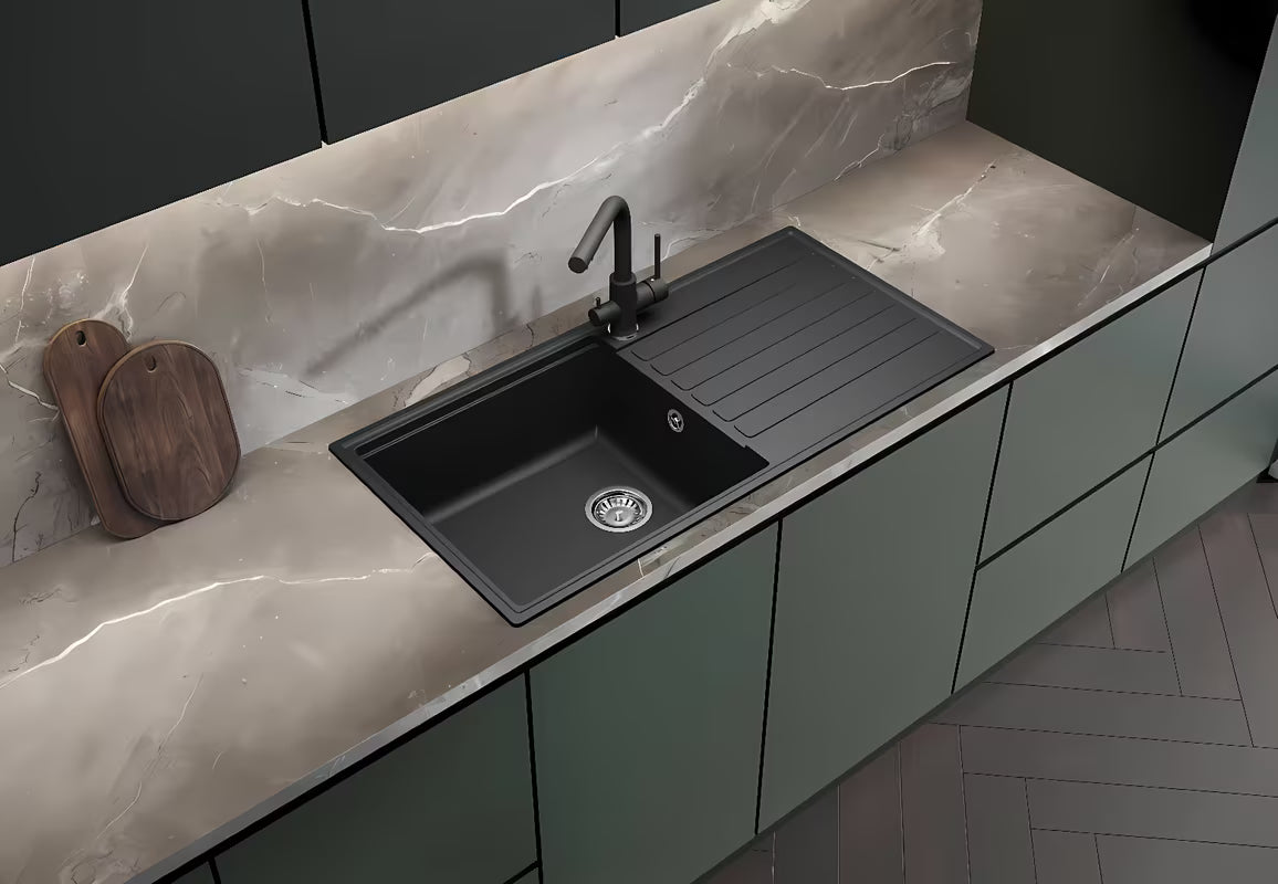 Czarny granitowy zlewozmywak  SAT z ociekaczem pro montaż na blat roboczy