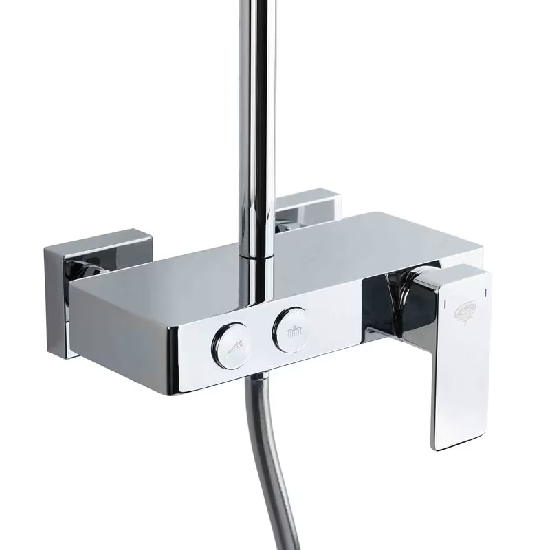 System prysznicowy SAT Chrome z baterią dźwigniową, półką, deszczownicą i słuchawką prysznicową w wykończeniu biały/chrom.
