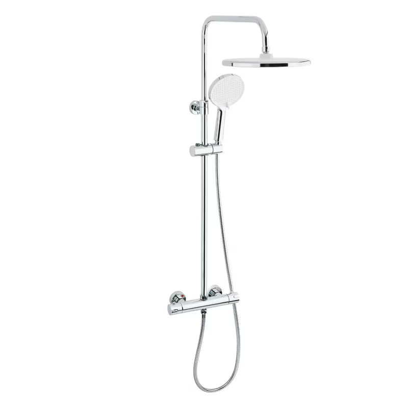System prysznicowy SAT Chrome z baterią termostatyczną, z deszczownicą 25 cm i słuchawką prysznicową z trzema strumieniami.