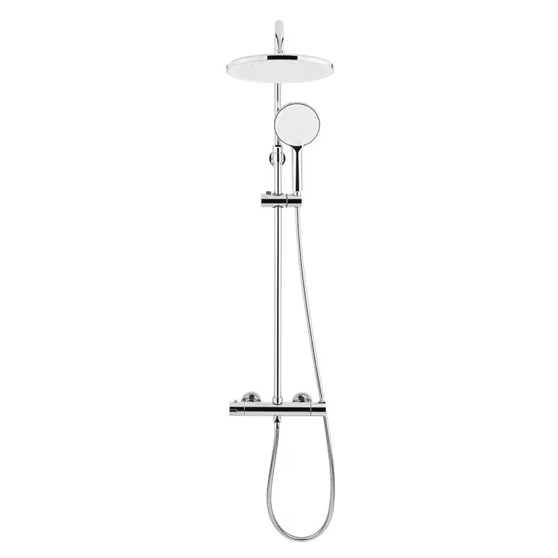 System prysznicowy SAT Chrome z baterią termostatyczną, z deszczownicą 25 cm i słuchawką prysznicową z trzema strumieniami.