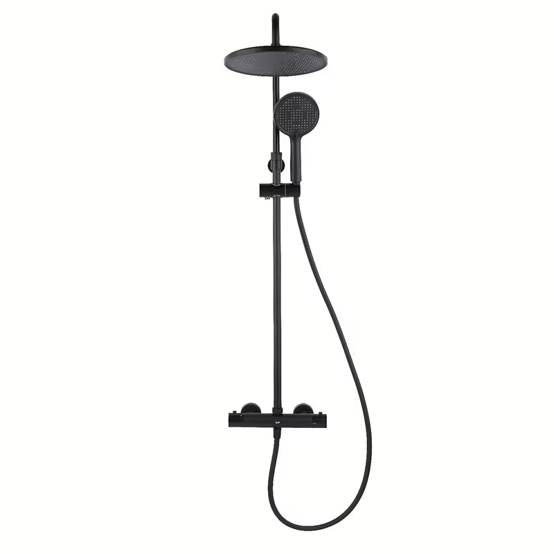 Czarny matowy system prysznicowy SAT z baterią termostatyczną, z deszczownicą 25 cm i słuchawką prysznicową