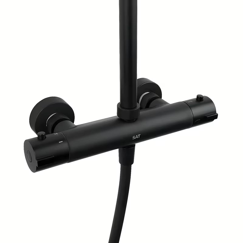 Czarny matowy system prysznicowy SAT z baterią termostatyczną, z deszczownicą 25 cm i słuchawką prysznicową