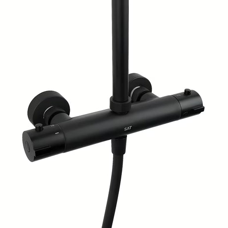 Czarny matowy system prysznicowy SAT z baterią termostatyczną, z deszczownicą 25 cm i słuchawką prysznicową