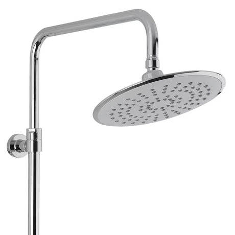 System prysznicowy SAT Chrome z baterią termostatyczną, z deszczownicą, słuchawką prysznicową i szklaną półką w wykończeniu chrom/biały.