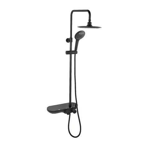 Czarny mat system prysznicowy SAT z baterią termostatyczną, z deszczownicą, słuchawką prysznicową i szklaną półką.
